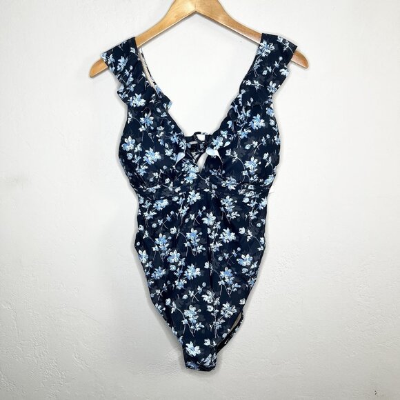 A Pea In The Pod Maternity Swimsuit Black Ruffle Floral One Piece Size Large NEW - Picture 1 of 5
